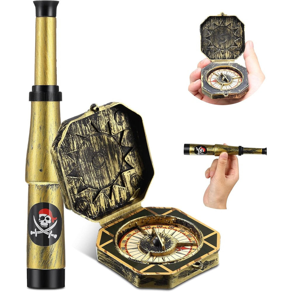 Gejoy pirate accessories set featuring retro plastic spyglass telescope and antique style pocket compass front view