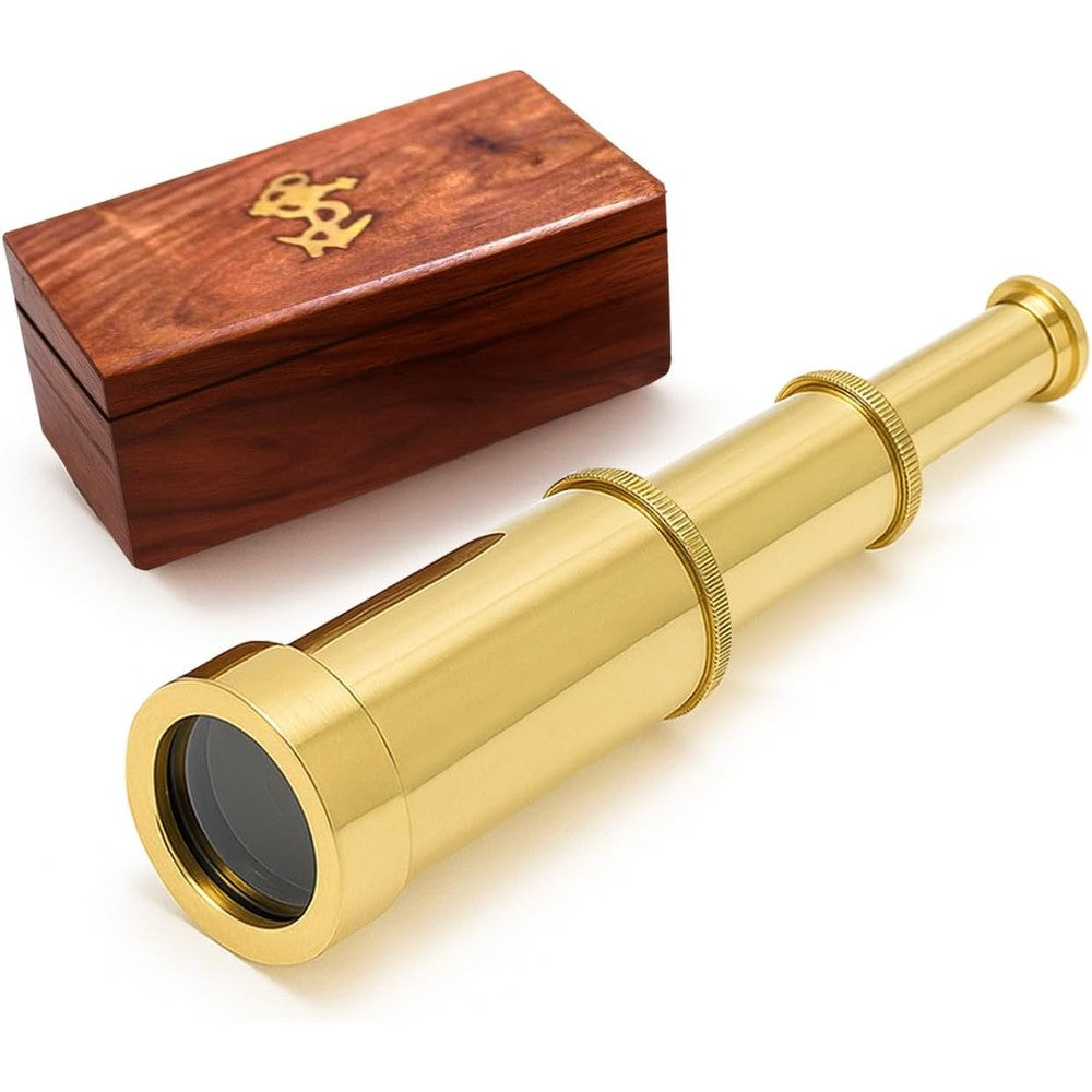 NauticalMart brass telescope front view inside its open wooden display box.