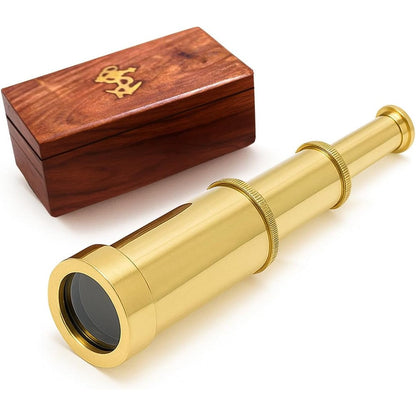 NauticalMart brass telescope front view inside its open wooden display box.