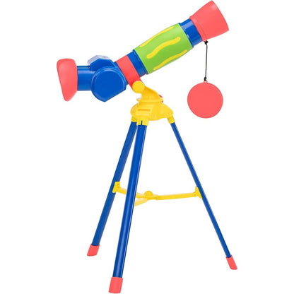 Educational Insights GeoSafari Junior My First Telescope front view showing bright blue and green plastic body with large dual eyepieces.