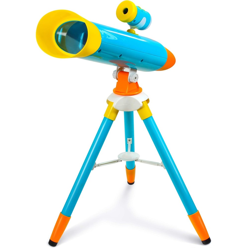 Little Experimenter Projector Telescope for Kids front view showing blue and orange design on tripod