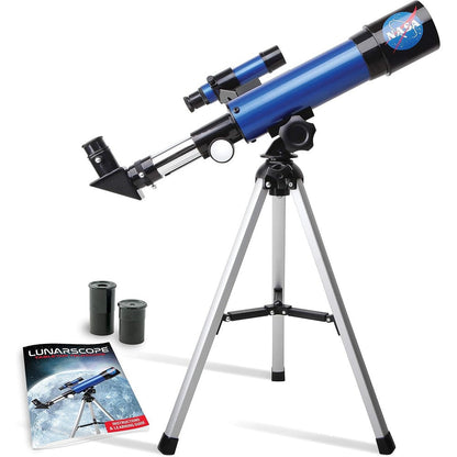 Blue Marble NASA Lunar Telescope for kids front view showing main tube and tabletop tripod setup