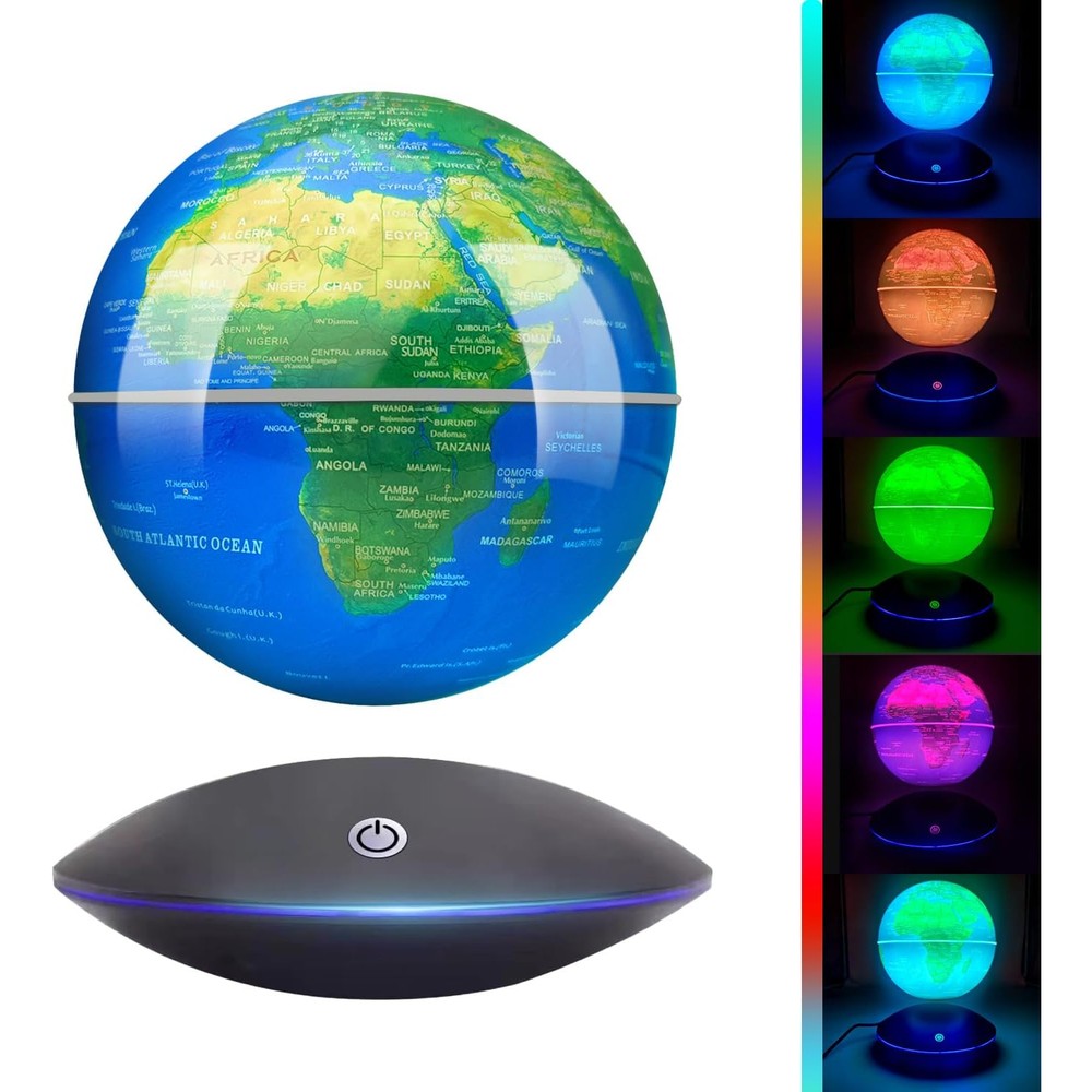 Poojaed magnetic levitating floating globe front view showing the world map hovering in mid-air inside the illuminated base.