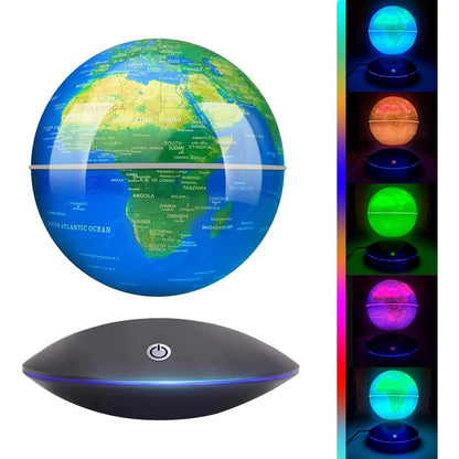 Poojaed magnetic levitating floating globe front view showing the world map hovering in mid-air inside the illuminated base.