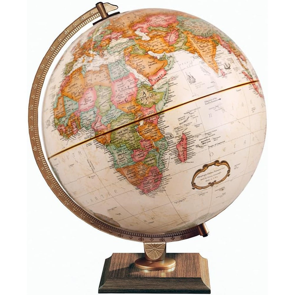 Replogle World Classic Globe 12 Inch desktop view showcasing antique ocean map on a dark wood desk.