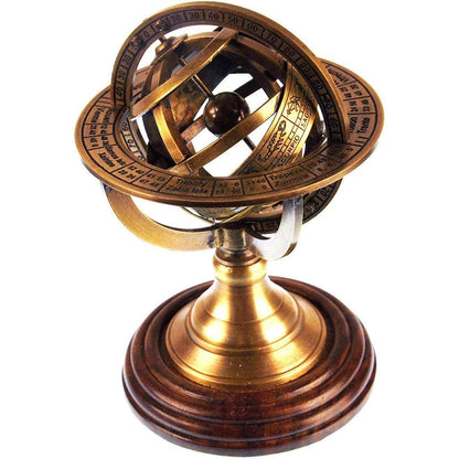 Nautical Replica Hub 5 inch brass armillary sphere front view on wooden base