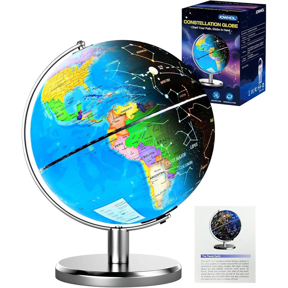 JOWHOL illuminated world globe front view showing detailed political map geography