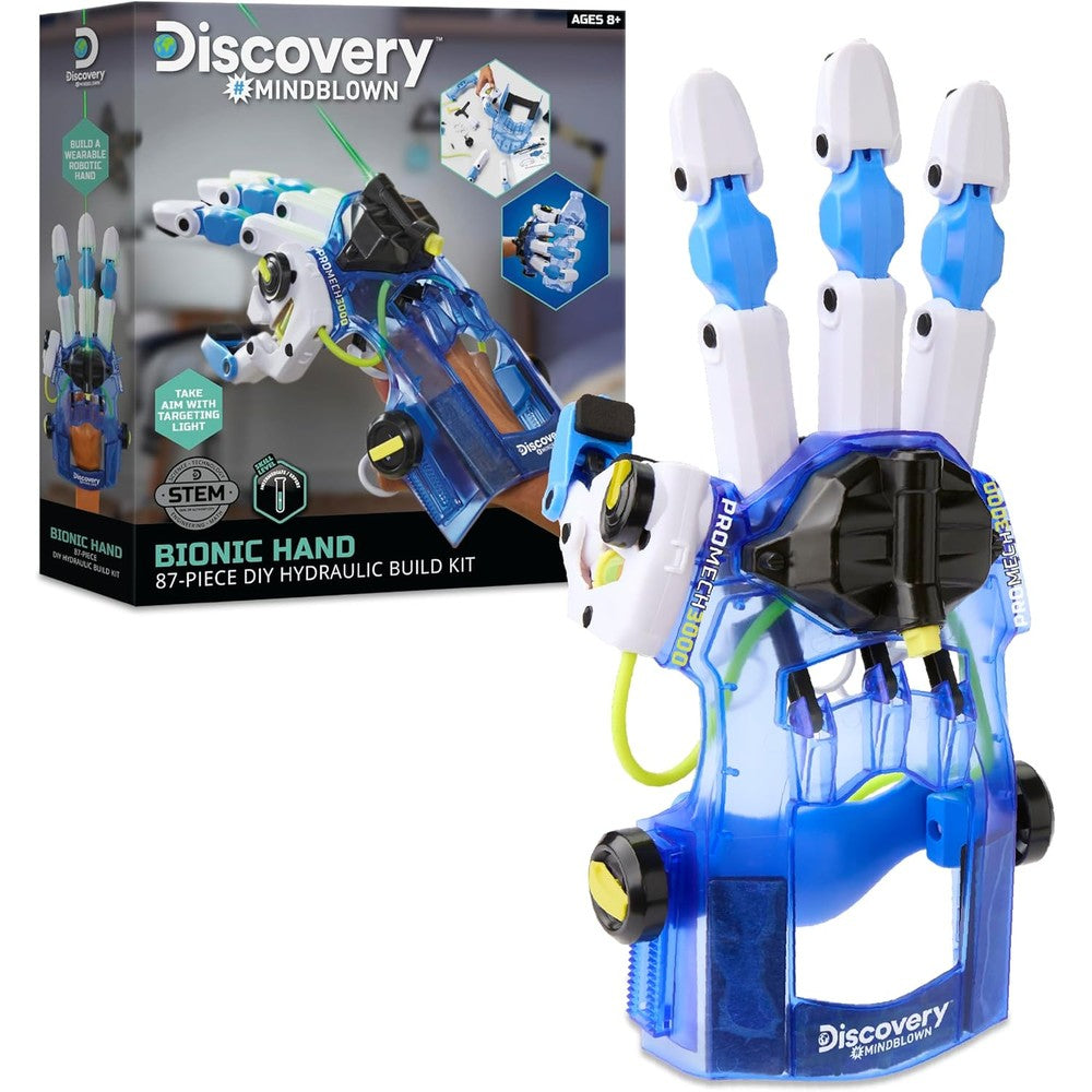 Discovery Mindblown Bionic Hand Robotics Kit front view of packaging box showing the assembled hydraulic robotic glove.