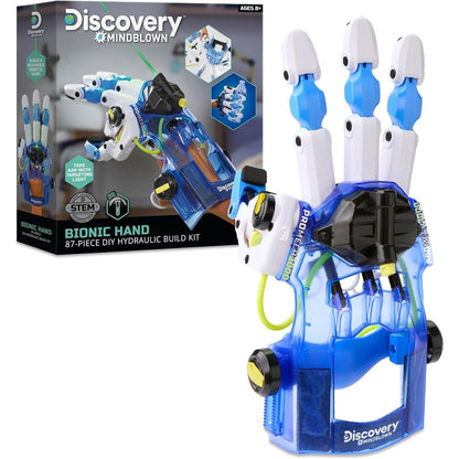 Discovery Mindblown Bionic Hand Robotics Kit front view of packaging box showing the assembled hydraulic robotic glove.