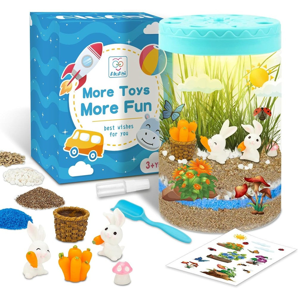 AluAbi Easter Light Up Bunny Terrarium Kit front view of packaging and glowing assembled jar.