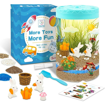 AluAbi Easter Light Up Bunny Terrarium Kit front view of packaging and glowing assembled jar.