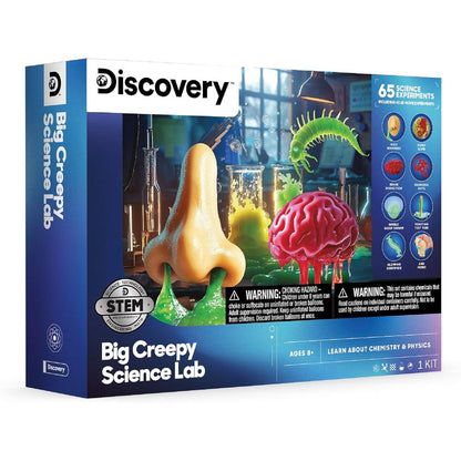 Discovery Big Creepy Science Lab STEM kit front view packaging highlighting sixty five experiments.