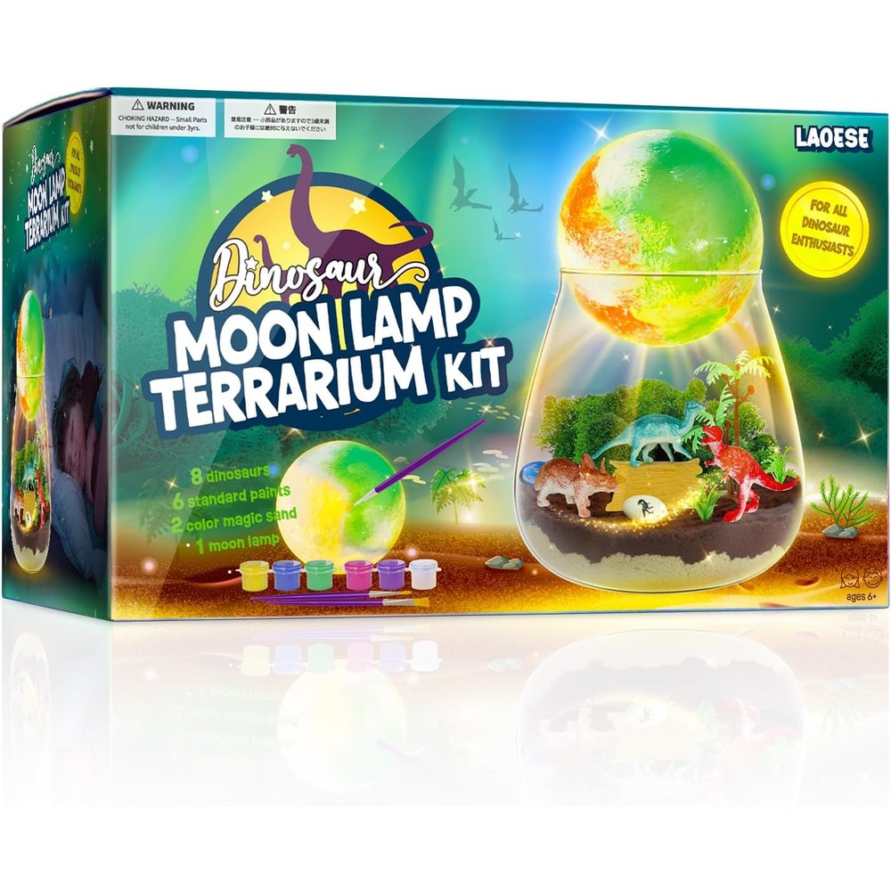 LAOESE Dinosaur Terrarium Kit front view of the packaging and completed glowing moon lamp setup.
