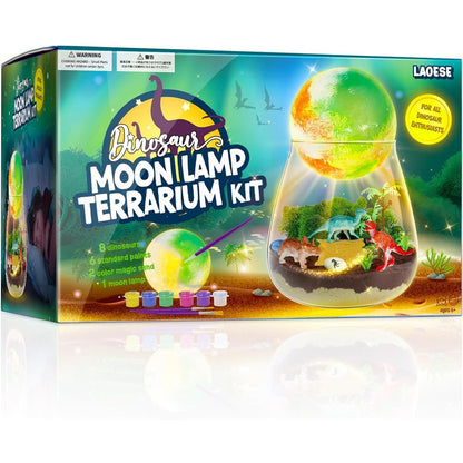 LAOESE Dinosaur Terrarium Kit front view of the packaging and completed glowing moon lamp setup.
