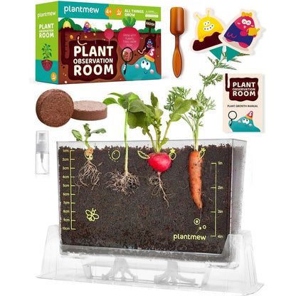 PLANTMEW root viewer kit for kids front view showing transparent planter box with soil