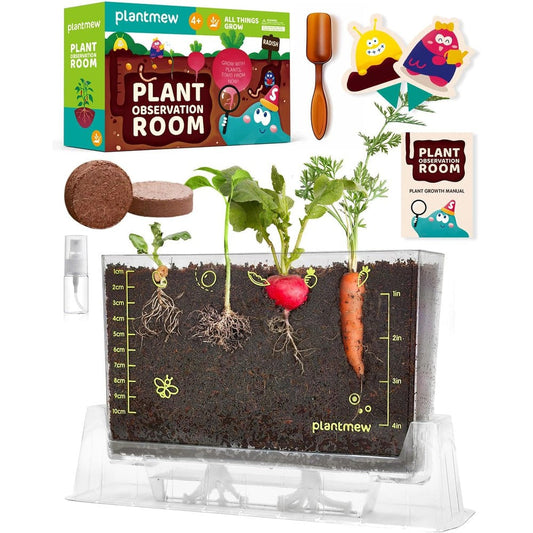 PLANTMEW root viewer kit for kids front view showing transparent planter box with soil