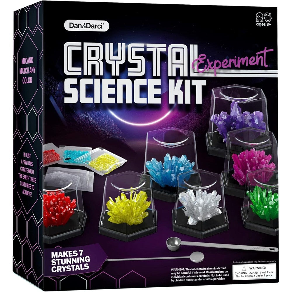 Dan And Darci Light Up Crystal Growing Kit front view showcasing the retail box and finished glowing crystal specimens on the LED base.
