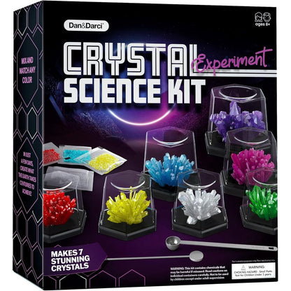 Dan And Darci Light Up Crystal Growing Kit front view showcasing the retail box and finished glowing crystal specimens on the LED base.