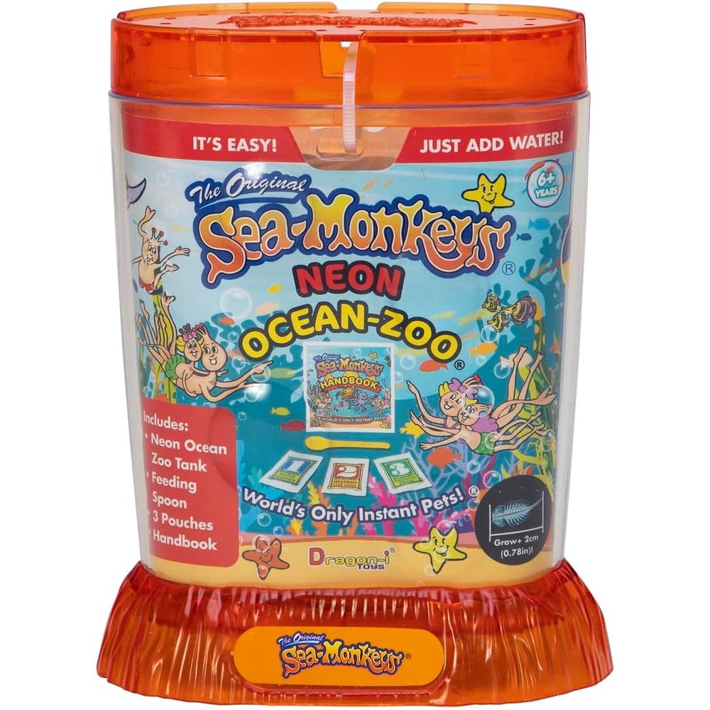 Sea Monkeys Ocean Zoo Neon premium educational aquarium kit front view showcasing the bright neon plastic tank with built in magnifying lenses
