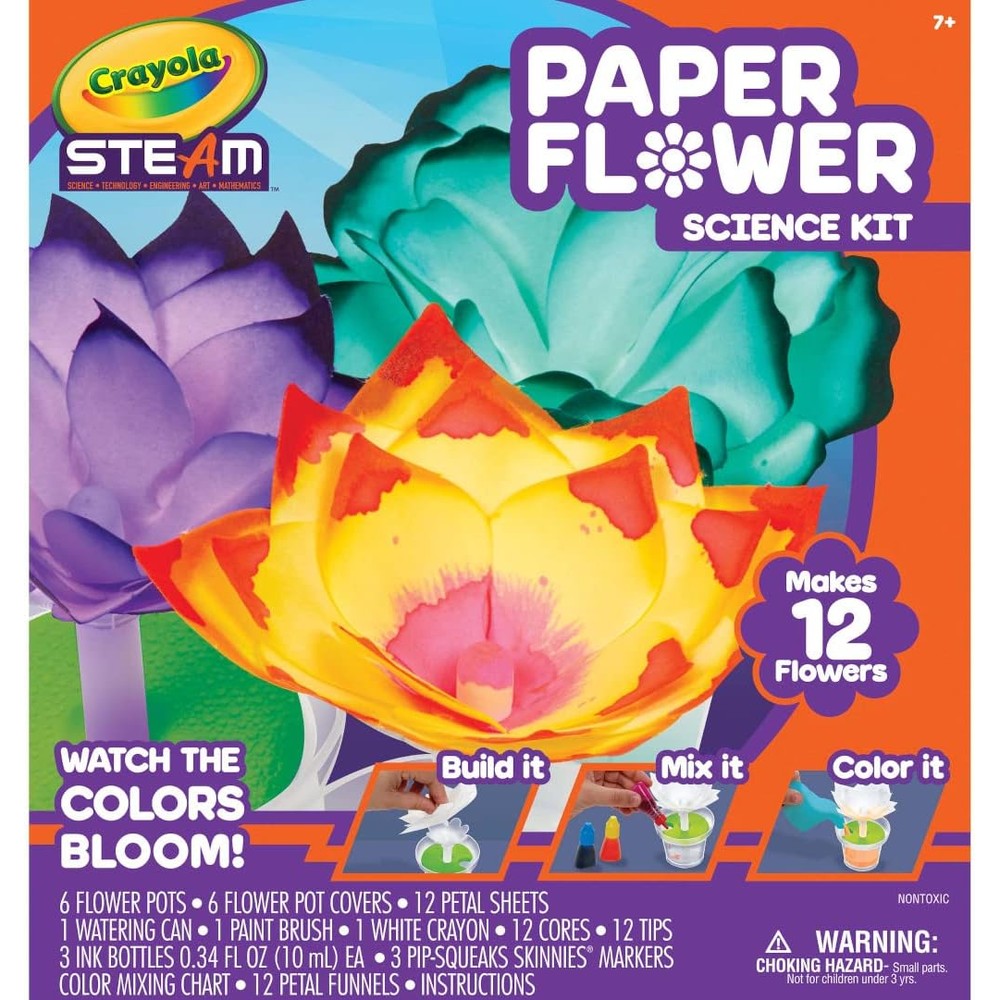 Crayola paper flower science kit front packaging view showing color changing blooming flowers