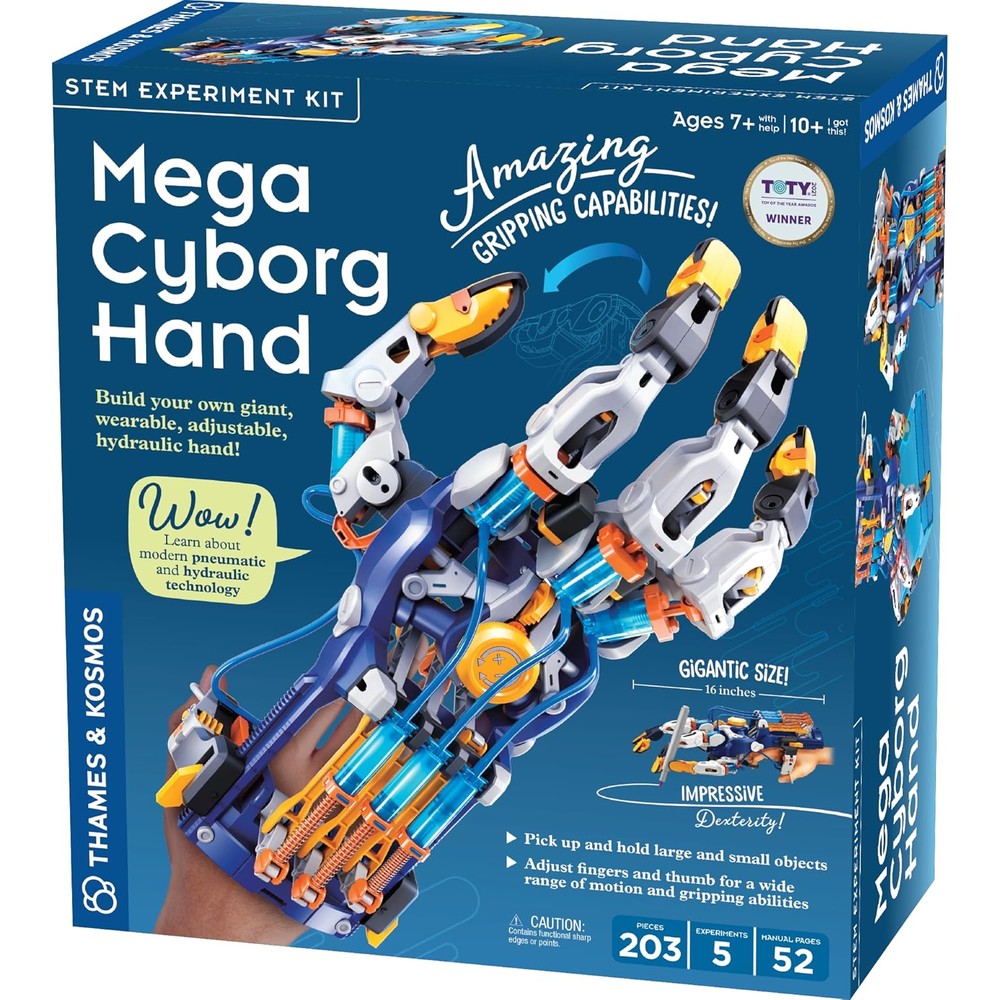 Thames And Kosmos Mega Cyborg Hand STEM Experiment Kit front view of packaging box showing assembled mechanical glove