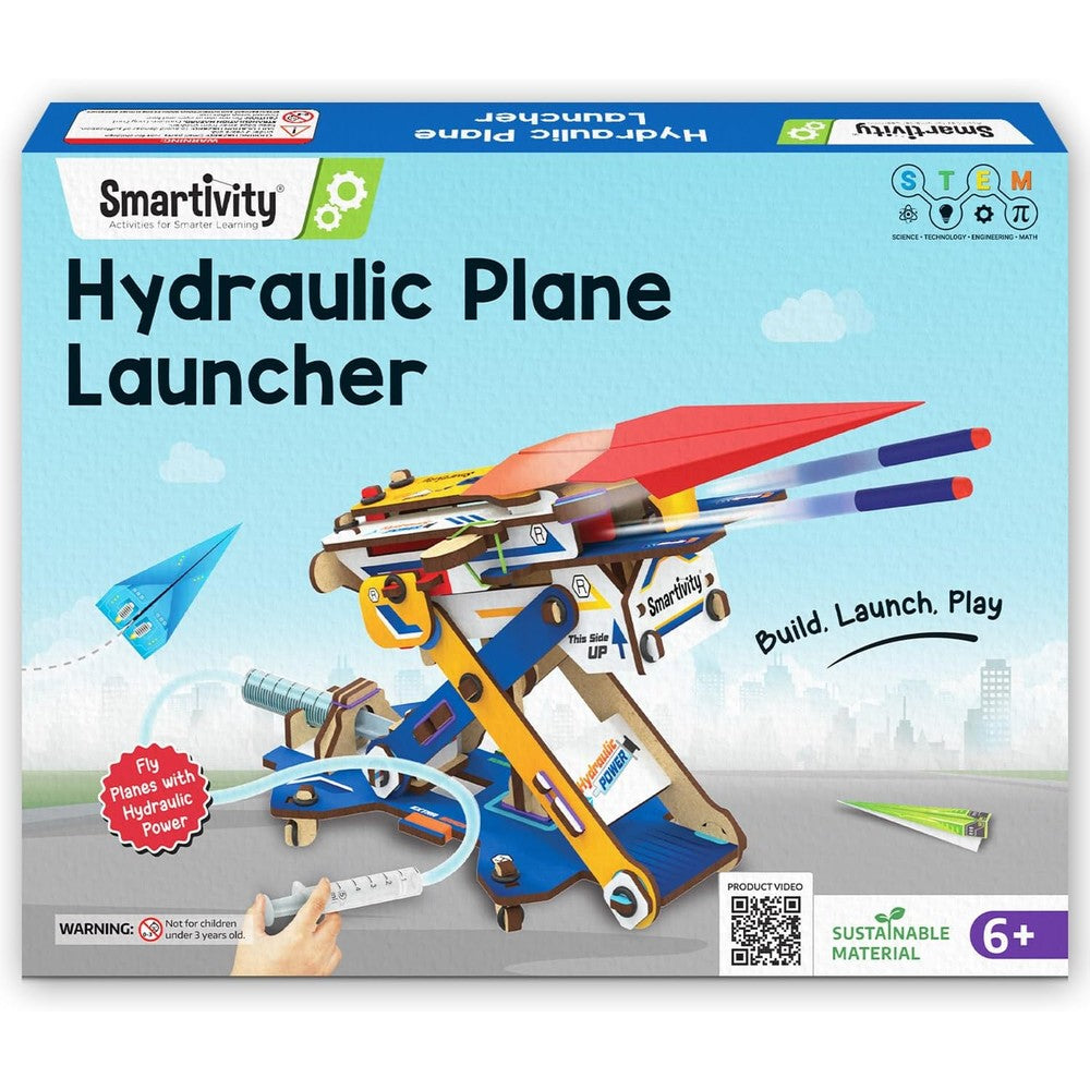 Smartivity 2in1 Hydraulic Plane and Dart Launcher front view of assembled wooden STEM toy kit