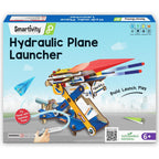 Smartivity 2in1 Hydraulic Plane and Dart Launcher front view of assembled wooden STEM toy kit