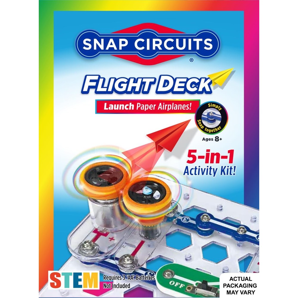 Snap Circuits Flight Deck STEM kit packaging front view showing the airplane launcher.