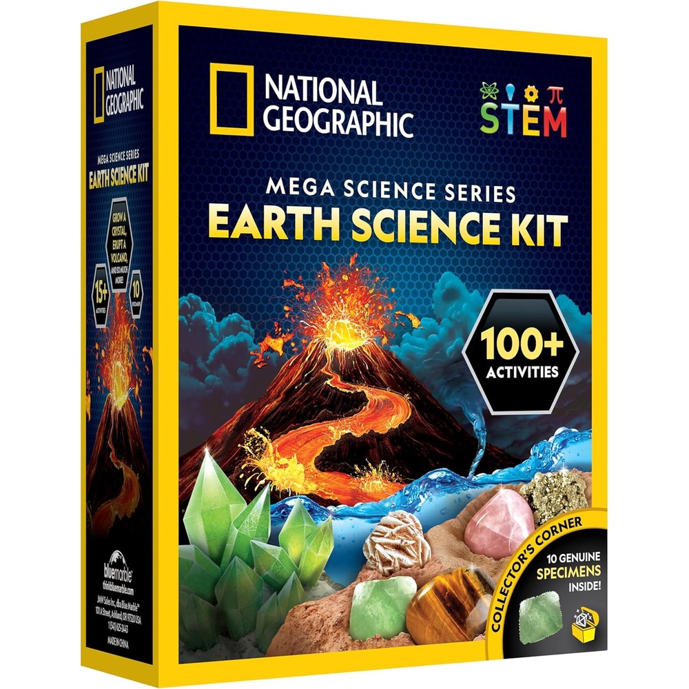 Blue Marble National Geographic Earth Science Kit front box view showing volcano eruption and crystal growing features.