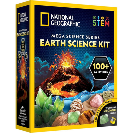 Blue Marble National Geographic Earth Science Kit front box view showing volcano eruption and crystal growing features.