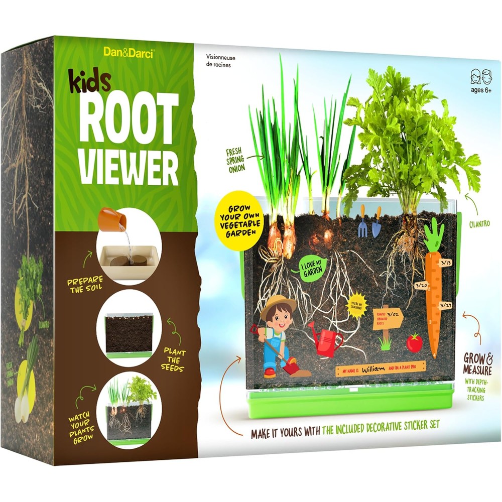 Dan And Darci Root Viewer Kit for kids showing the front view of the packaging box and clear planter