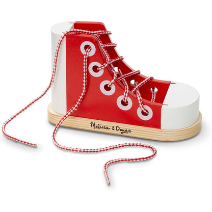 Melissa & Doug Deluxe Wood Lacing Sneaker front view educational shoe tying toy