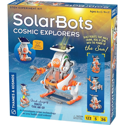 Thames And Kosmos SolarBots Cosmic Explorers STEM kit box front view showing five solar powered space robots