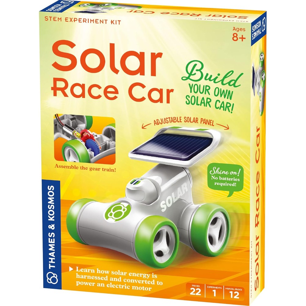 Thames and Kosmos Solar Race Car STEM Experiment Kit retail box front view featuring a solar-powered educational toy car.