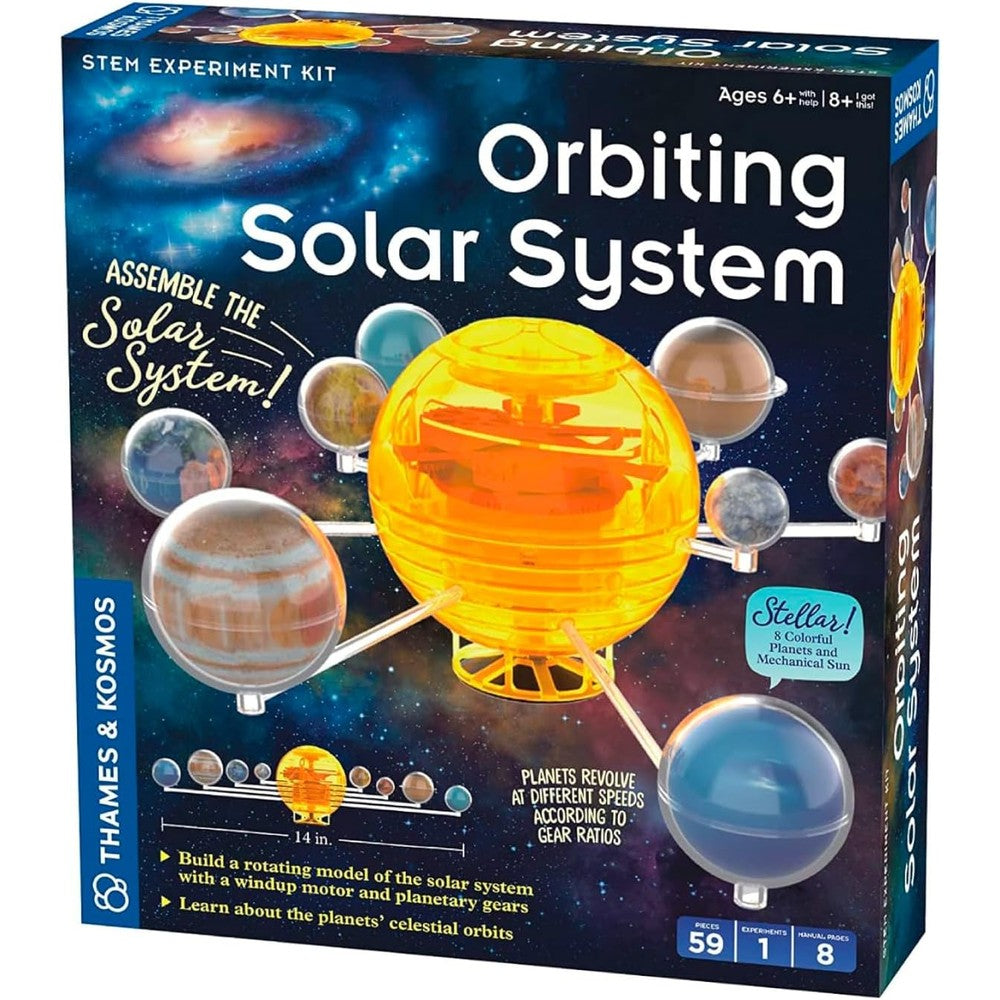 Thames & Kosmos Orbiting Solar System STEM Kit front packaging view showcasing the assembled mechanical orrery model