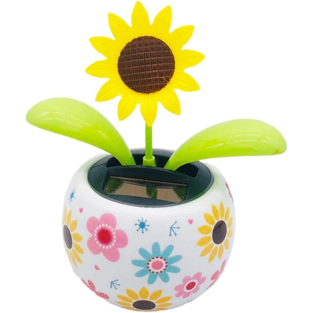 JJLFresheners sunflower solar dancing flower front view on dashboard showing solar panel base