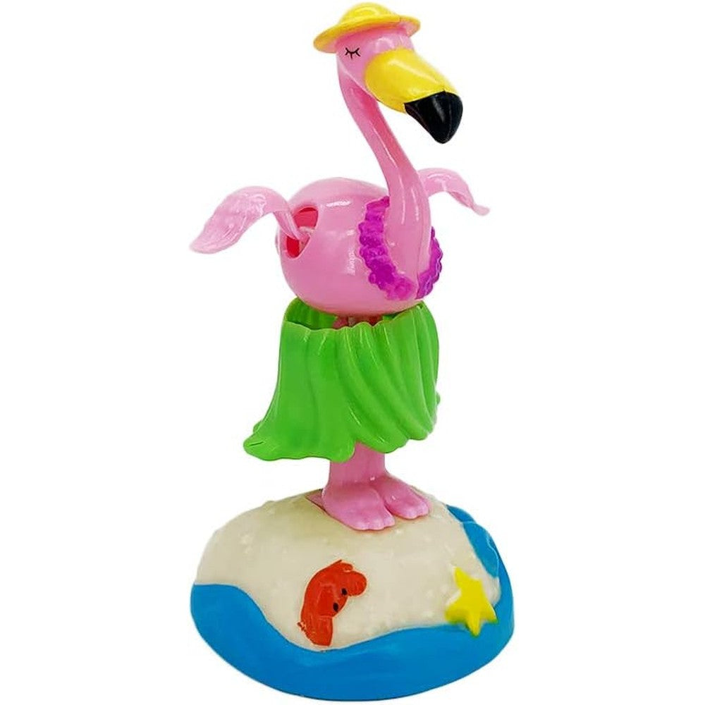 YGMONER solar powered dancing hula flamingo car dashboard ornament front view showing pink body and green skirt