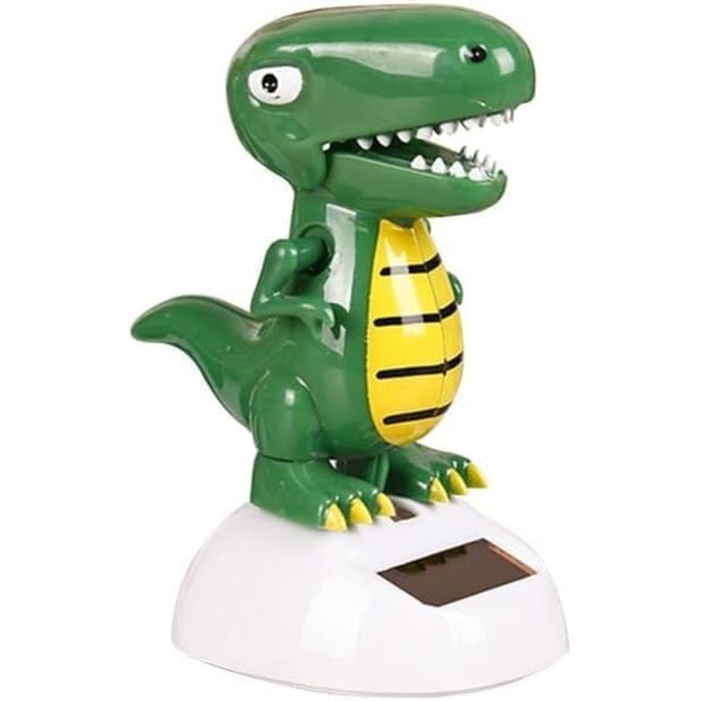 Juroicessry green solar powered dancing dinosaur ornament front view showing built-in solar panel base.