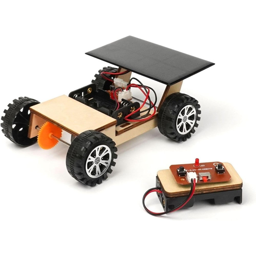 Pica Toys Solar-Powered Car V300 wooden STEM kit front view showing fully assembled remote control model toy.