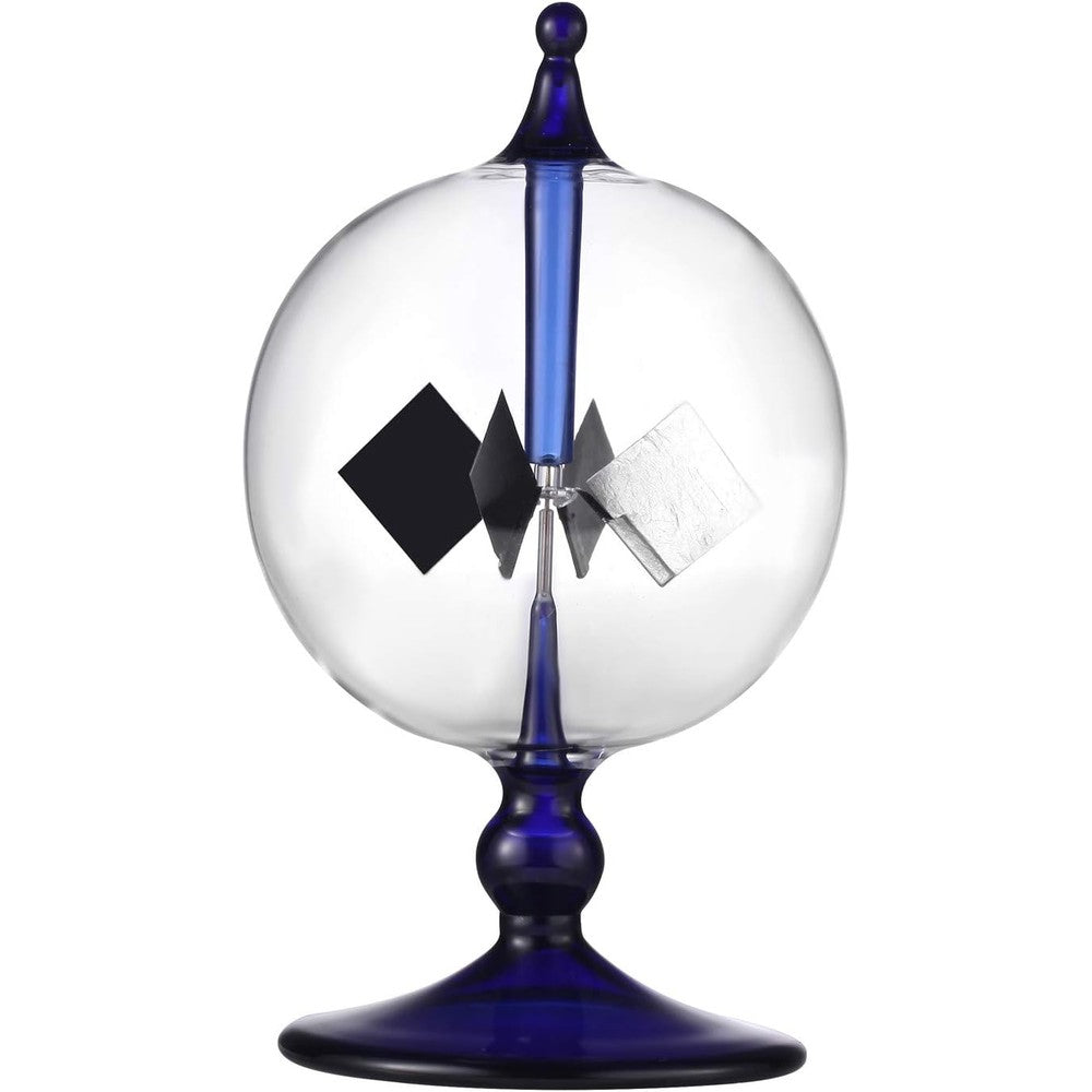 DORAMI blue solar power crookes radiometer front view on a sunny office desk decoration