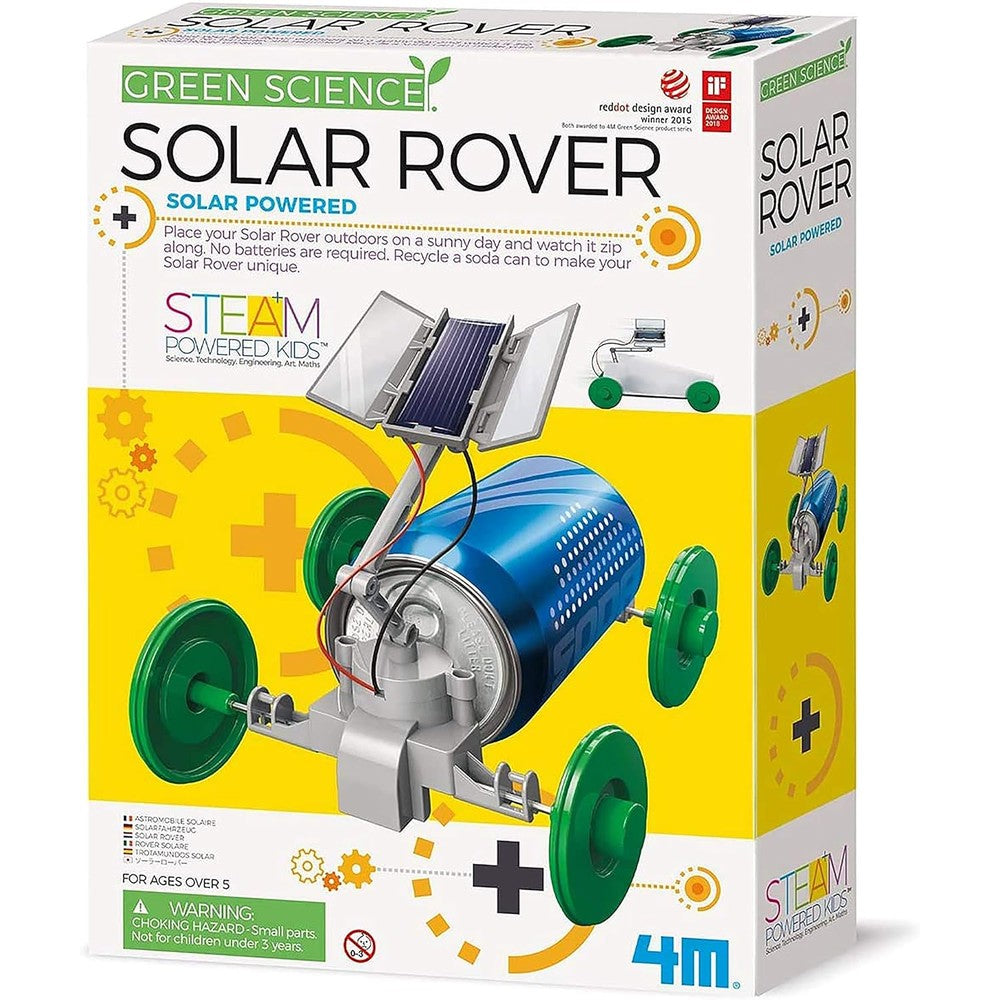 4M Green Science Solar Rover kit retail packaging front view showing the completed solar car toy built with a soda can.