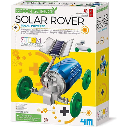 4M Green Science Solar Rover kit retail packaging front view showing the completed solar car toy built with a soda can.