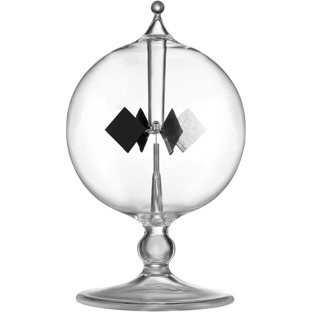 DORAMI Clear Solar Power Crookes Radiometer front view on a sunny windowsill demonstrating light energy.