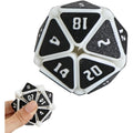 Venshy 3D printed squishy D20 fidget dice front view showing white and black duo textured geometric faces.