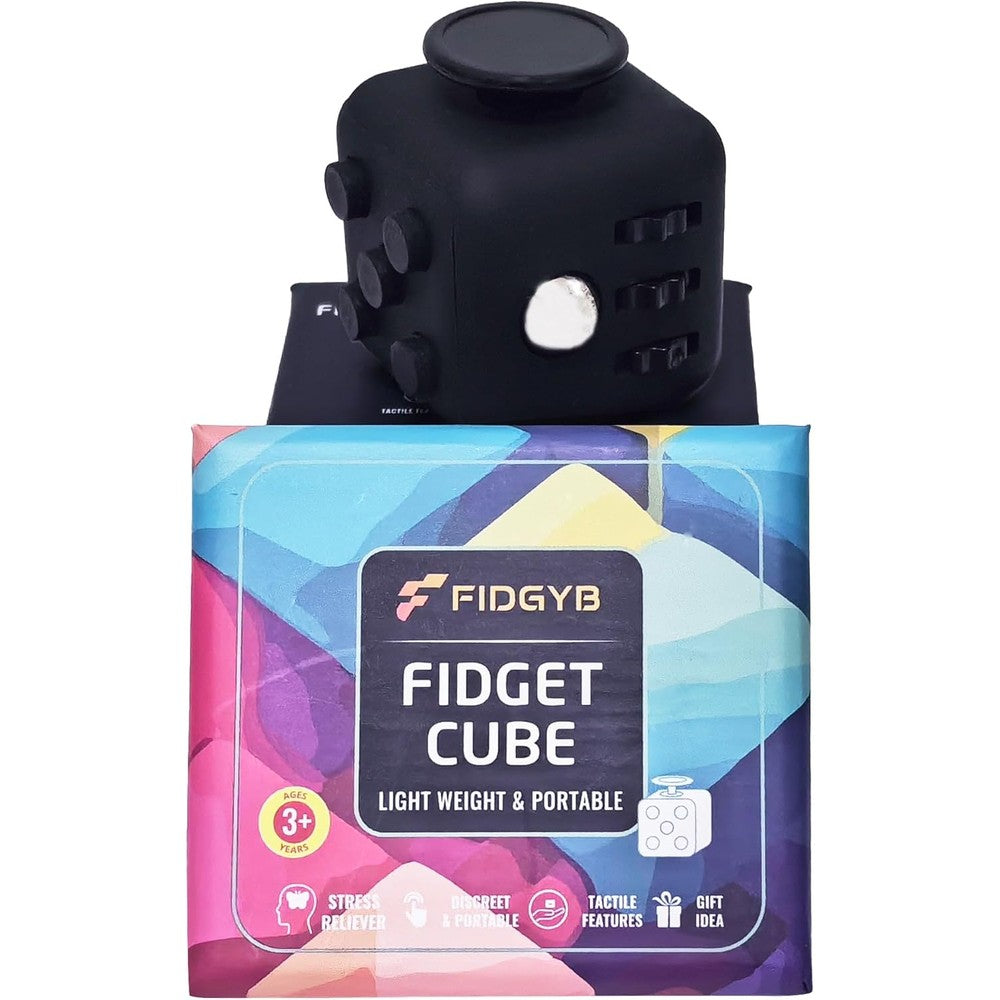 Sibyl Cube Fidget Stress Relief Toy in sleek black front view showcasing the smooth tactile rolling side for anxiety management.