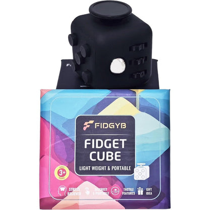 Sibyl Cube Fidget Stress Relief Toy in sleek black front view showcasing the smooth tactile rolling side for anxiety management.