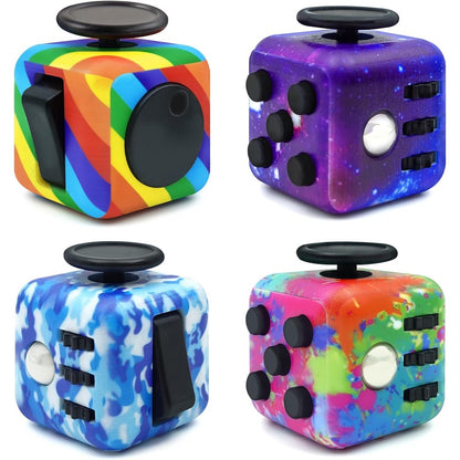 Fangool Fidget Toy Cube 4 Pack front view showing colorful six sided sensory cubes.