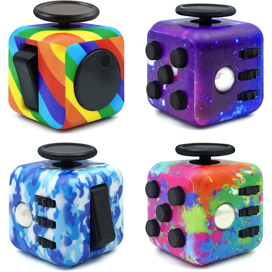 Fangool Fidget Toy Cube 4 Pack front view showing colorful six sided sensory cubes.