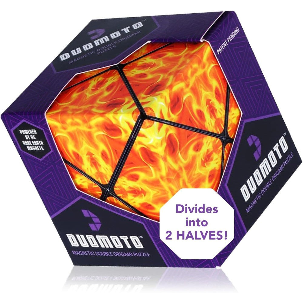 Duomoto Magnetic Transforming Cube front view showcasing the fiery Inferno pattern design.
