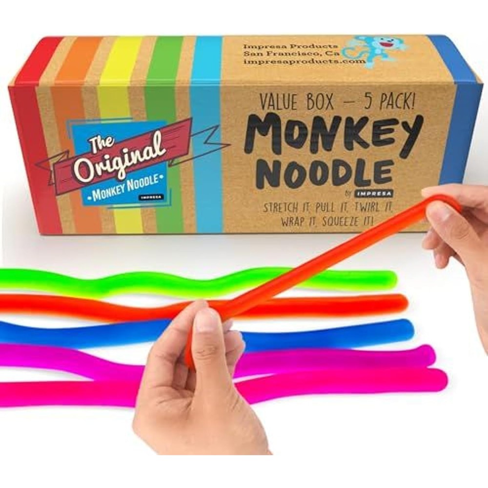 IMPRESA Monkey Noodles 5-pack front view showing vibrant multicolored stretchy sensory strings.